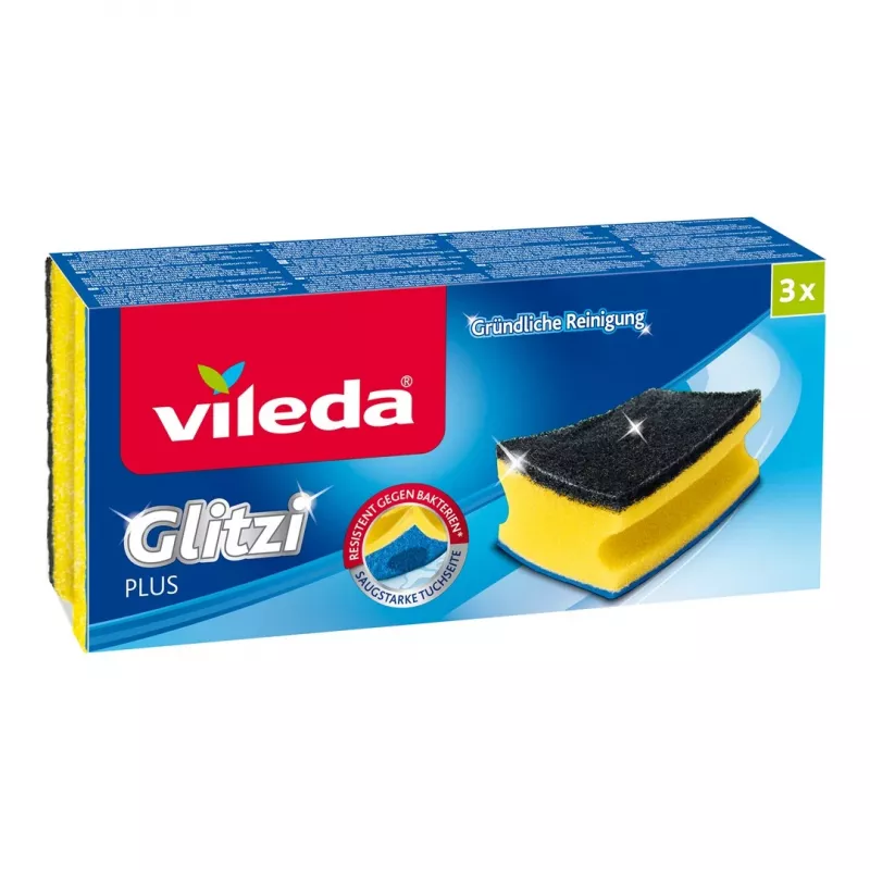 Sponge VILEDA Rectangular Fiber, hand-wash, yellow/black/blue, pack of 3