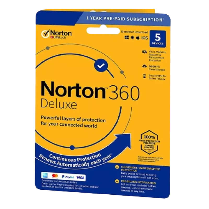 Norton 360 Deluxe | 5 Devices | 1 Year | 50 Gb Cloud Storage | EU | NON SUB |
