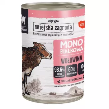 Wet cat food wiejskazagroda Monoprotein Beef 400 g — adult complete canned diet, protein 12.1%, fat 7.1%, moisture 76.9%