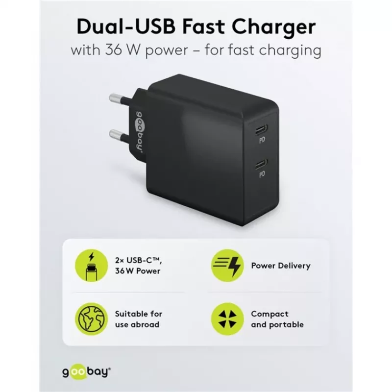Indoor Charger Goobay 61757 Fast Charging USB Type-C 2 Ports Black