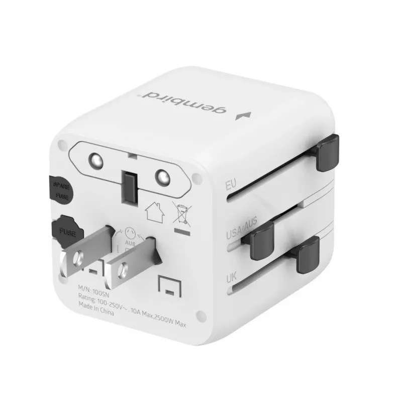 Universal travel power adapter GEMBIRD TPA-INT-01-W — input 100–250V, Type G plug, compact dimensions 84×56×85 mm