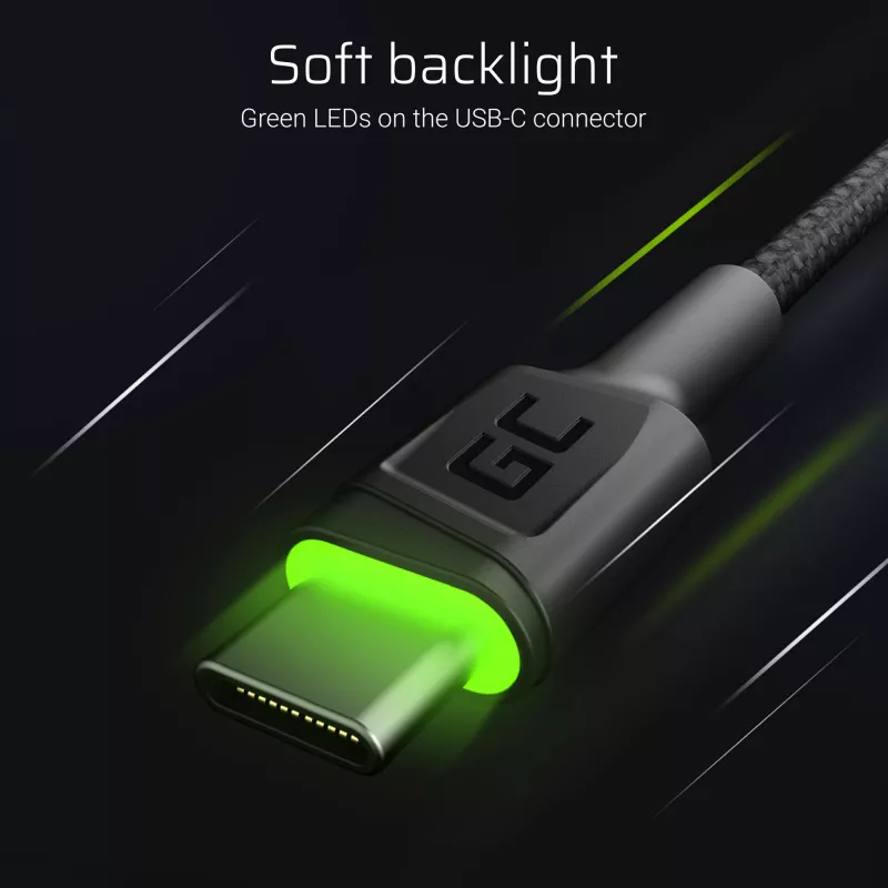 USB-C cable Green Cell KABGCSET02 1.2 m (USB A to USB C, 2.4 A, 480 Mbps) 3-pack with LED backlight