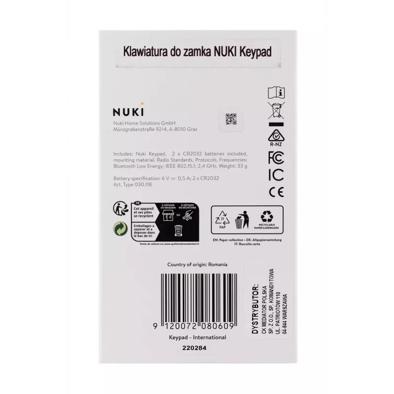 Smart door lock NUKI — Bluetooth (5.0) IP65 code lock CR2032 batteries included