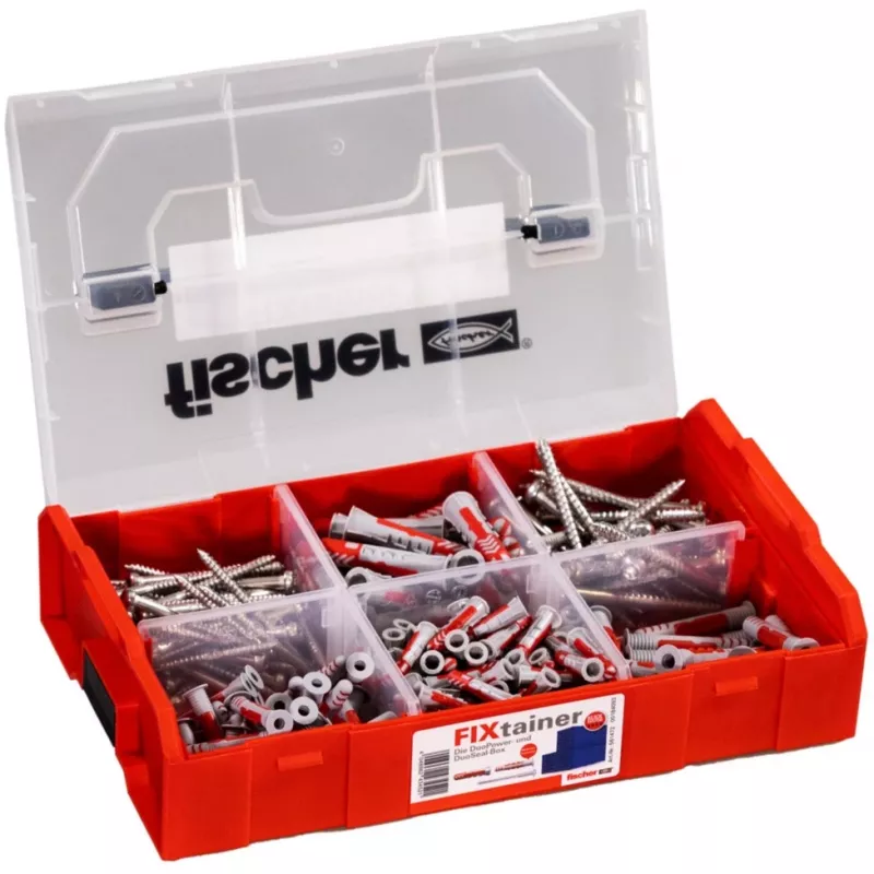FixTainer - DUOPOWER & DUOSEAL + Screws, Wall Plug Light Grey/Red, 275-piece