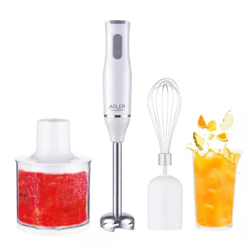 Adler AD 4620 Hand Blender Set, 800 W, 2 Speeds, 450 ml Chopper, 750 ml Beaker, Whisk, White