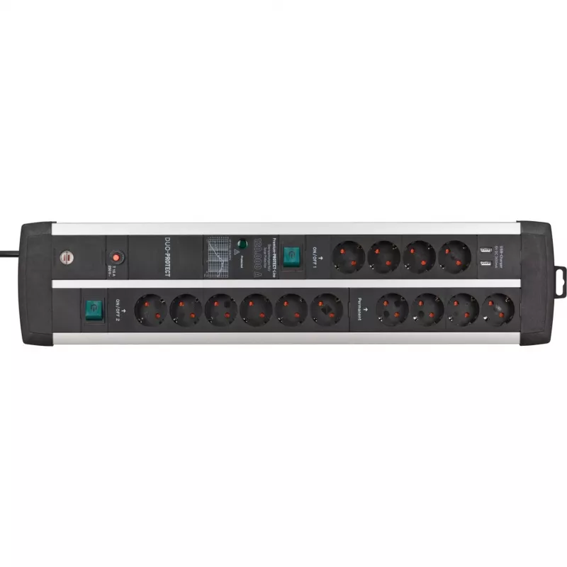 Premium-Protect-Line Steckdosenleiste 14-fach Duo (schwarz/silber, 3 Meter, 120.000A Überspannungsschutz, 2x USB)