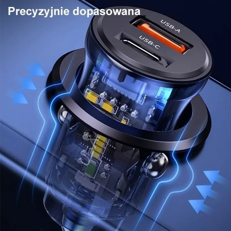 Car charger usams CC164CC01 30W with 1×USB-A and 1×USB-C for fast charging