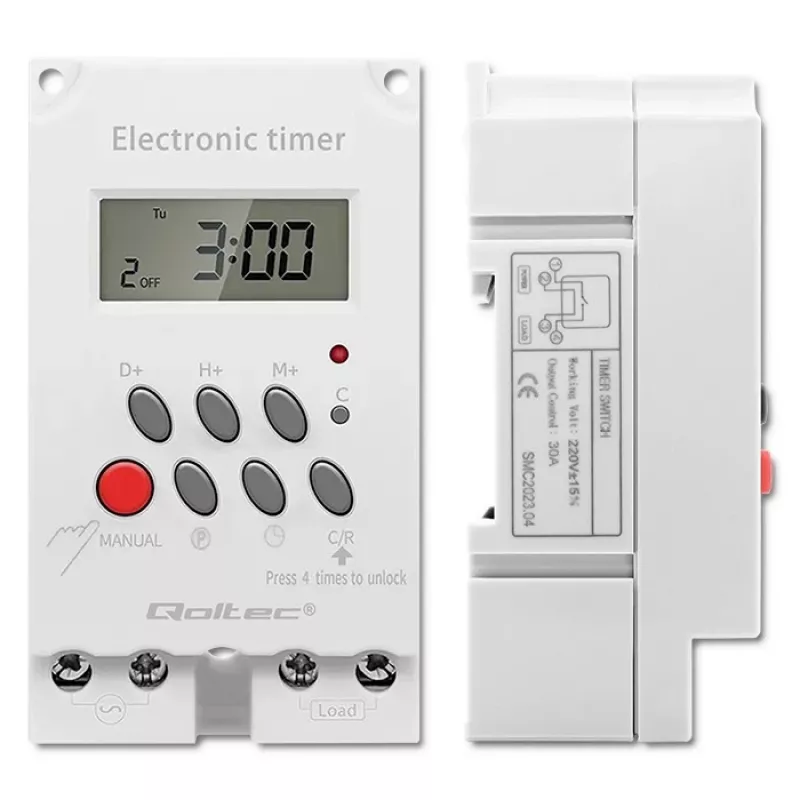 DIN-rail electronic timer QOLTEC PC0629 — 24V supply, 16A output