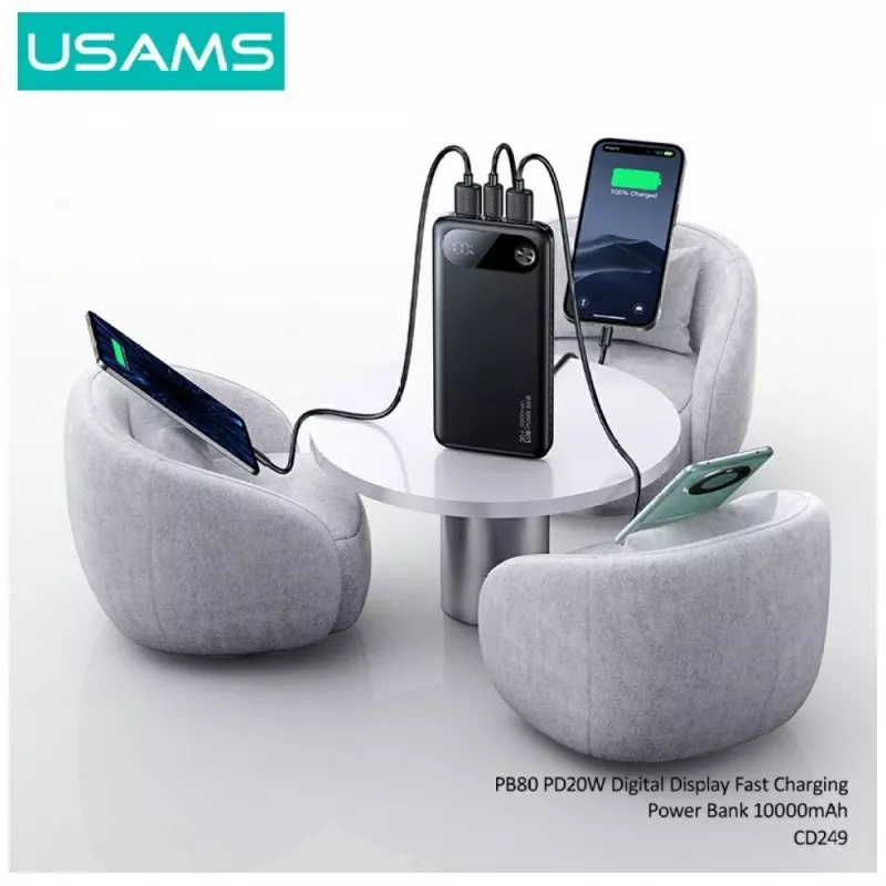 Power bank usams PB80 PD20W 10000mAh — portable charger, black