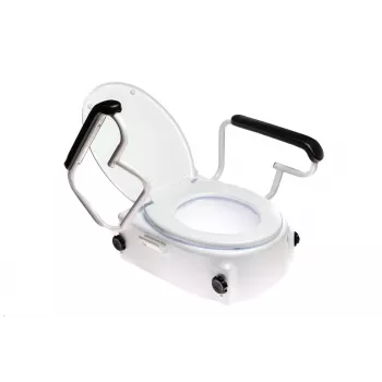 Raised toilet seat ANTAR AT51204 with lid and armrests, adjustable height 6–14 cm, width 570 mm, max load 150 kg