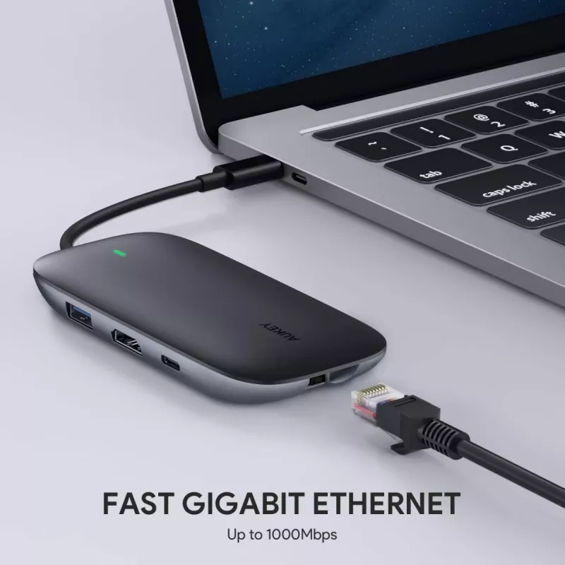 Laptop dock AUKEY CB-C71 — 3x USB‑C (USB 3.2 Gen1), HDMI, RJ‑45, MicroSD, USB PD 100W, 0.15 m cable, black