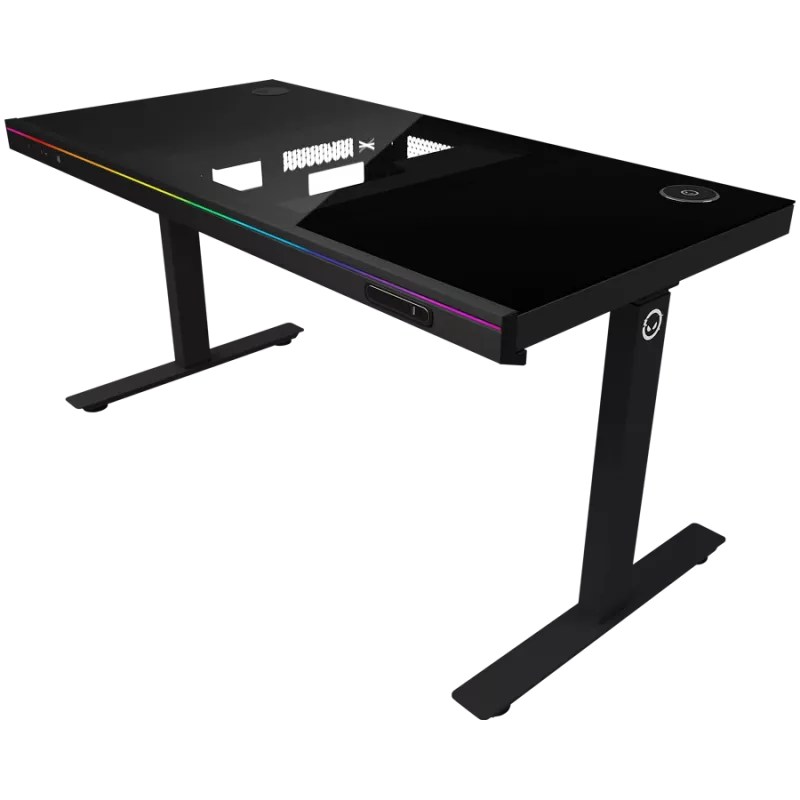 Dual-motor sit/stand adjustable-height gaming desk with built-in PC case, wireless charger, RGB lighting, control panel, and USB ports, tempered glass tabletop, black.