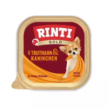 Wet dog food RINTI Gold Mini — Turkey with Rabbit, complete feed, 100 g tray, for small adult dogs (5–10 kg)