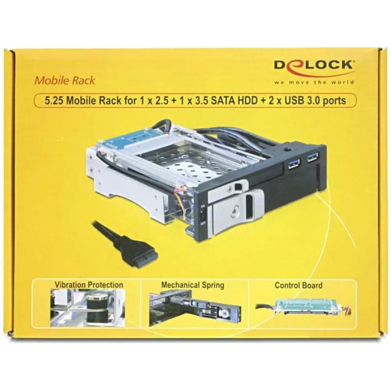 DeLOCK 5,25 Mobile Rack for 1 x 2,5 + 1 x 3,5 SATA HDD + 2 x USB3.0 Ports - mobile Memory-Rack - 6,4 cm, 8,9 cm (2.5, 8,90cm (3.5)) (47209)