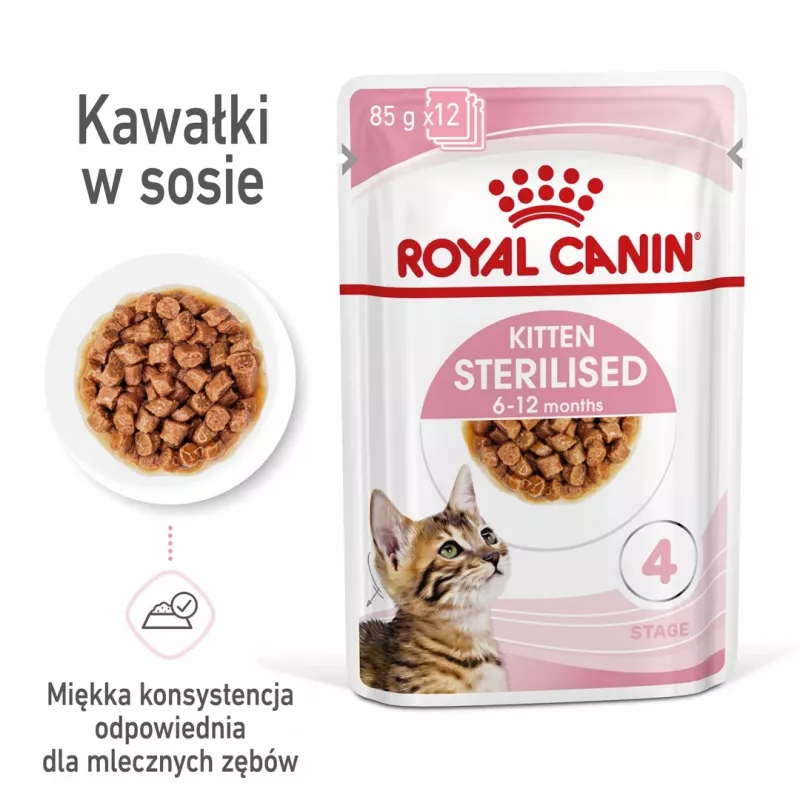 Wet cat food Royal Canin Sterilised Gravy, 12 x 85 g pouches — chicken, for spayed/neutered kittens, 11% protein, 80.5% moisture