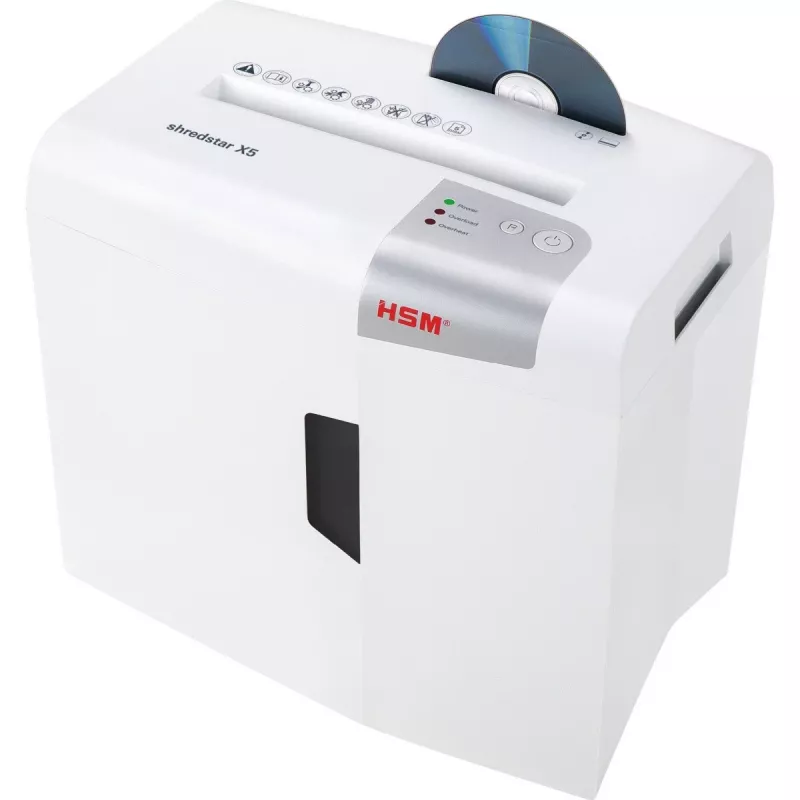 Paper shredder HSM X5 particle-cut P-4, 22 cm working width, 4.5 mm particles, 5-sheet capacity, 18 L bin