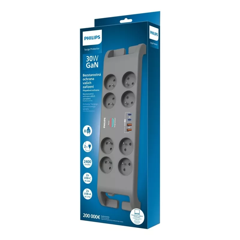 Power strip surge protector Philips with 8 sockets and 4×USB