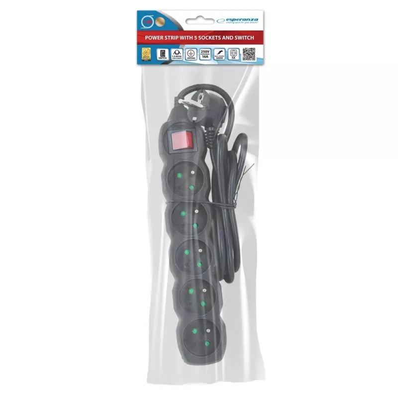 Power Extension Esperanza ELK214K 1.5 m cable 5 Type E outlets Indoor Black