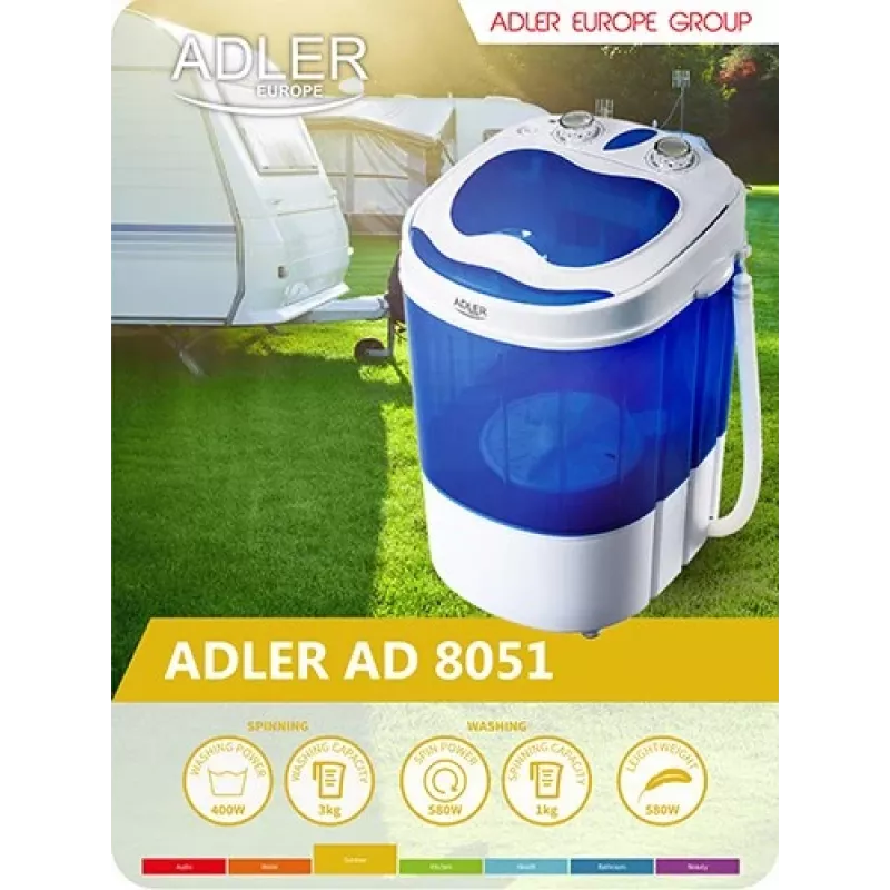 Adler | AD 8051 | Washing machine | Energy efficiency class | Top loading | Washing capacity 3 kg | Unspecified RPM | Depth 37 cm | Width 38 cm | White/Blue