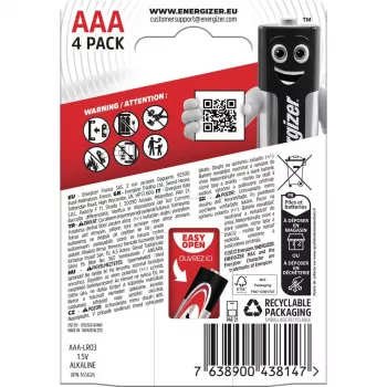Energizer Batteries Alkaline Max Aaa LR03, 4 Pieces, Eco Packaging