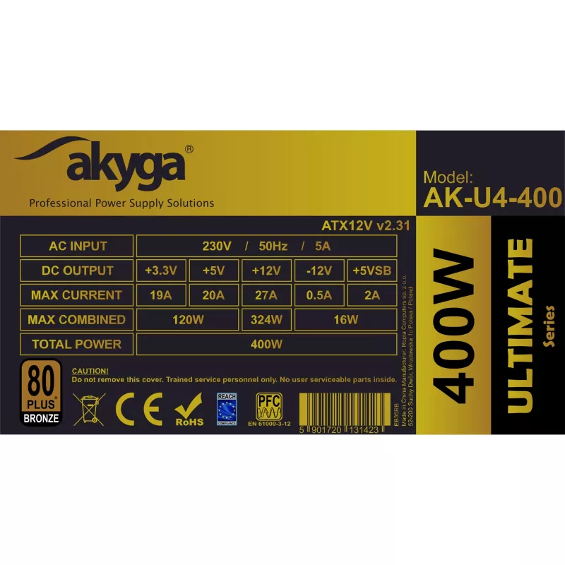 Akyga AK-U4-400 Ultimate 400 W ATX Power Supply, 80 PLUS Bronze, Active PFC, 120 mm Fan