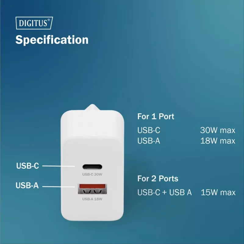 AC Indoor USB GaN Charger DIGITUS DA-10301 — 30W, 1× USB-C, 1× USB-A, 100–240V, white