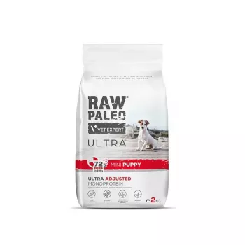 Dry dog food VETEXPERT RAW PALEO Ultra Mini Puppy Beef 2 kg — dry kibble for small-breed puppies, 30.5% protein, 16.5% fat
