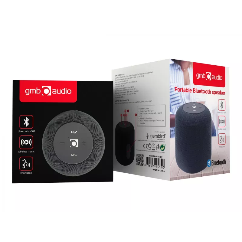 Mono portable speaker Gembird SPK-BT-15-BK — 5 W RMS, Bluetooth, MicroSD, 1200 mAh, black