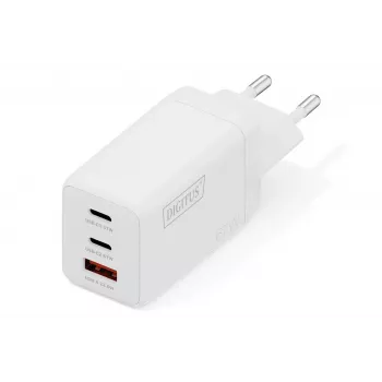 Wall charger DIGITUS DA-10303 67W GaN, 2× USB-C + 1× USB-A, 100–240V, white