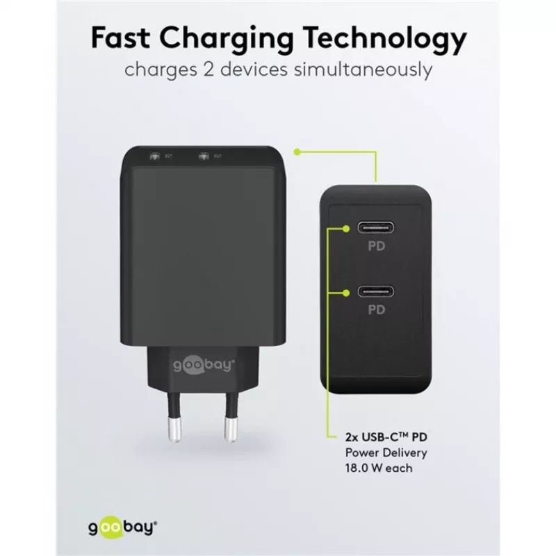 Indoor Charger Goobay 61757 Fast Charging USB Type-C 2 Ports Black