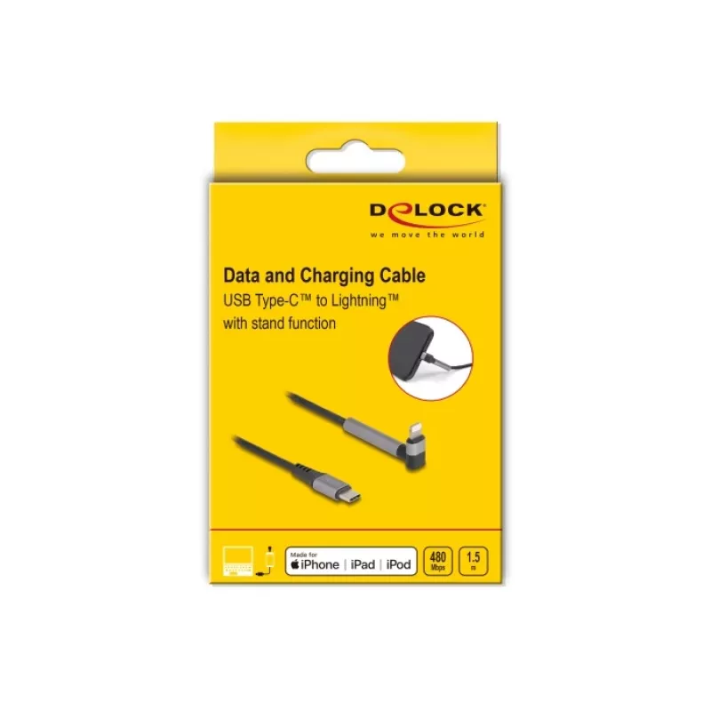 USB Type-C to Lightning charging and data cable with angled connector and stand function, DELOCK 1.5 m, 9 V 3 A (MFi)