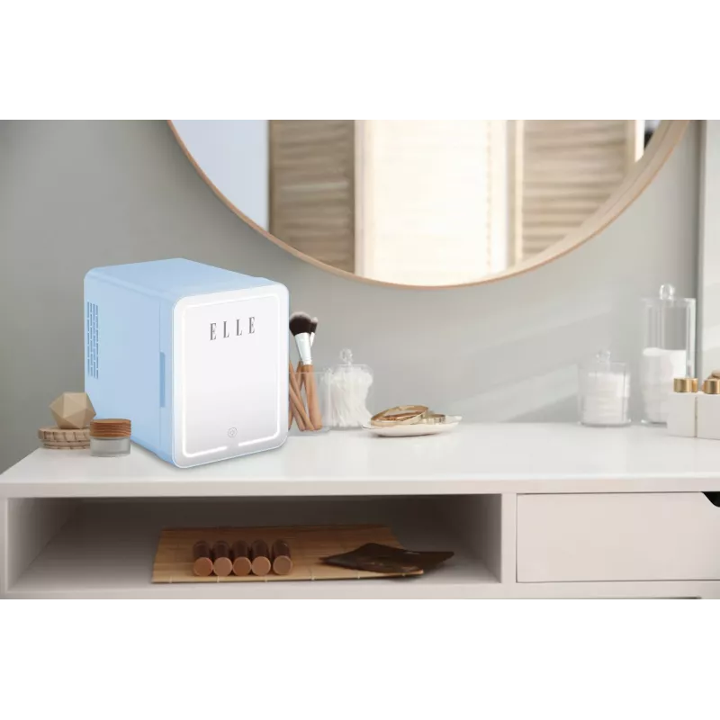 Mini fridge with LED makeup mirror Elle 4L blue — personal cosmetic refrigerator