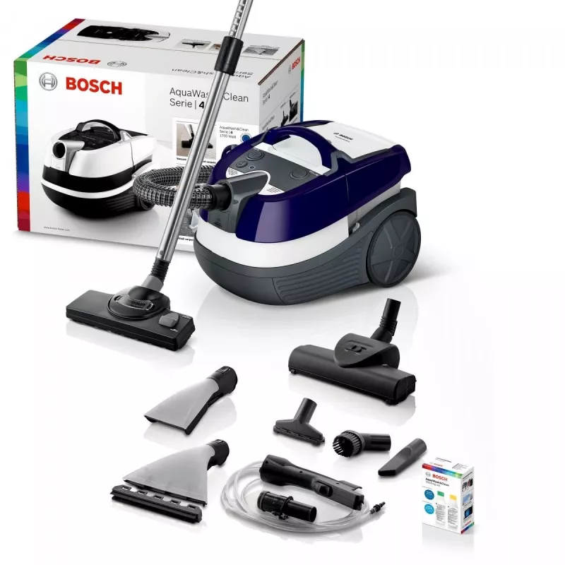 Wet & dry vacuum cleaner Bosch BWD 41740 AquaWash&Clean — 1700 W, 5 L tank, EPA filter, telescopic tube, 9 m radius, purple