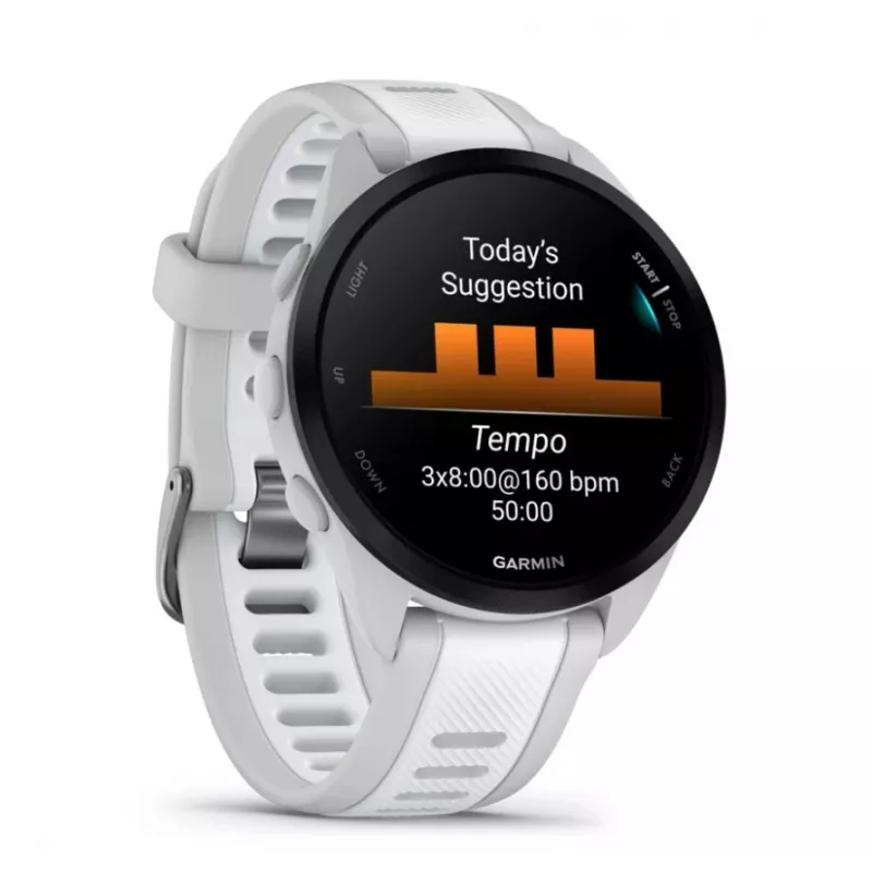 Smartwatch GARMIN Forerunner 165 — GPS, AMOLED 1.2 inch, 4 GB, 5 ATM, 11 days battery, Grey case, White strap