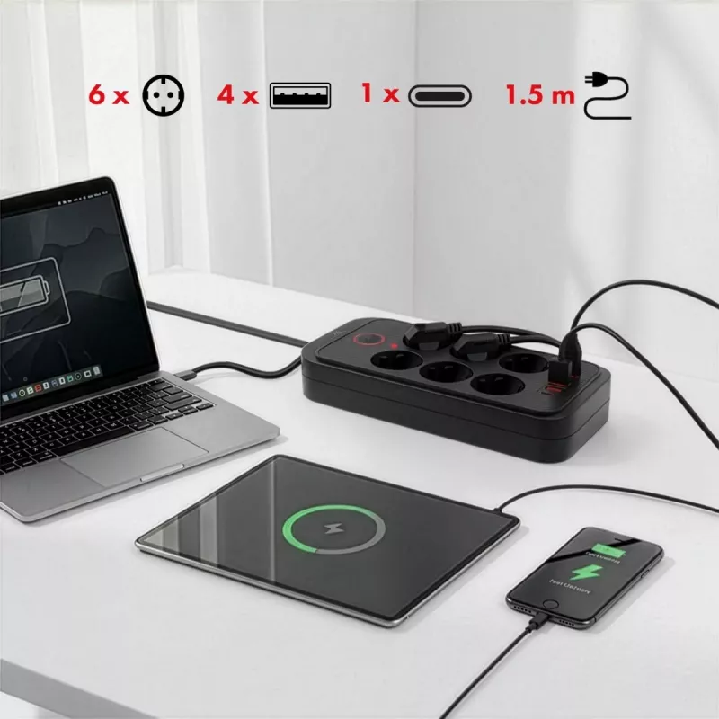 Power strip MACLEAN MCE389 B — 6 sockets, 4×USB-A + 1×USB-C, 110–240V, 2.1A, 2500W, 1.5 m cable, black