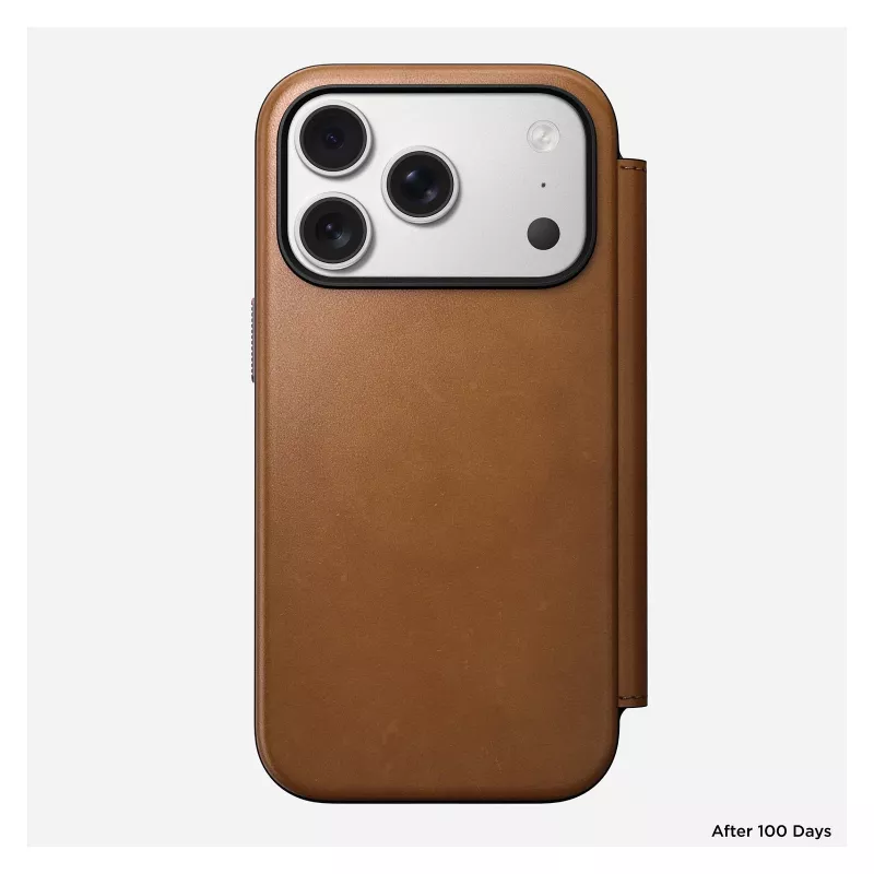 Folio phone case Nomad Modern Leather Folio for iPhone 17 Pro, leather + aluminium, 6.3 inch (16 cm), Tan, 3 card pockets