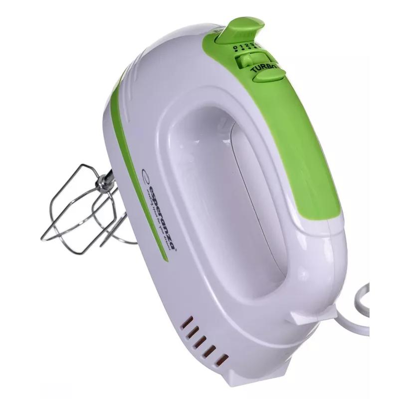 Hand mixer ESPERANZA EKM011 — 400 W, 5 speeds, turbo, dough hooks and beaters, 220–240 V, white/light green