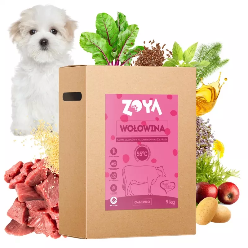 Dry dog food ZOYA ColdPRO Beef 9 kg — complete adult dry food, 27% protein, 9.5% fat, gluten-free, sugar-free