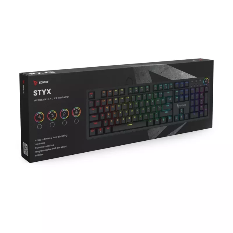 Mechanical gaming keyboard SAVIO STYX Outemu Red — Full-size 104-key USB wired, RGB, ANSI US International, 1.5 m, Black