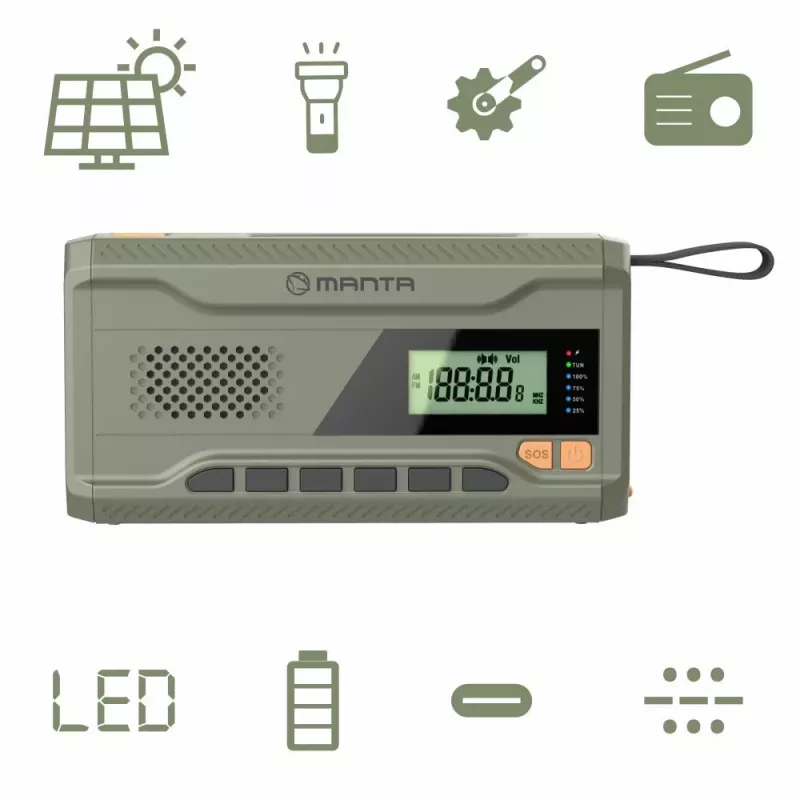 Portable FM radio MANTA RDI401G with solar panel, dynamo crank, 4000–4500mAh battery, 5V USB output, 3W, flashlight