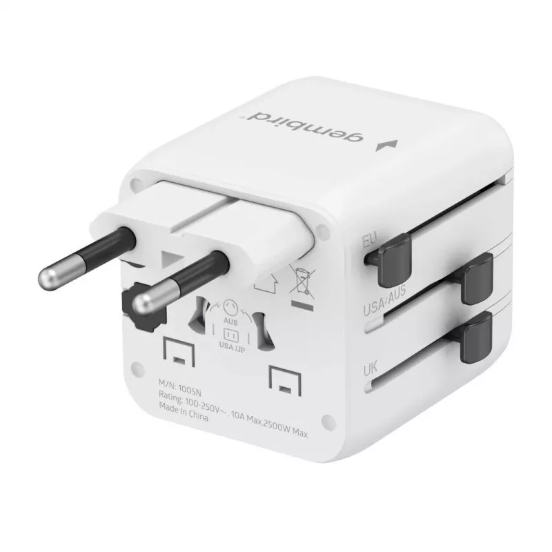 Universal travel power adapter GEMBIRD TPA-INT-01-W — input 100–250V, Type G plug, compact dimensions 84×56×85 mm