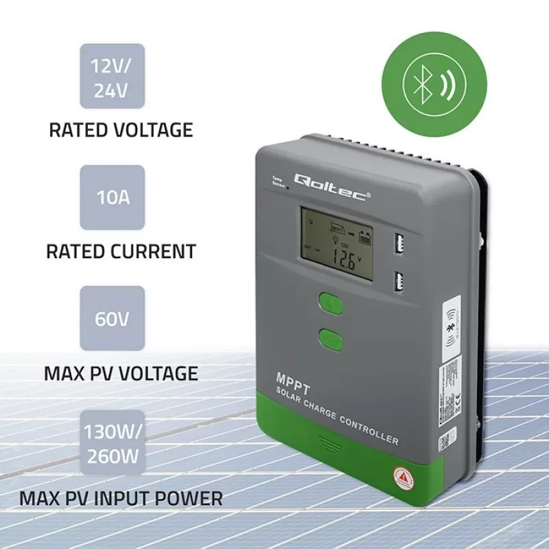 MPPT Solar Charge Controller QOLTEC 10A for 12V/24V systems with LCD display