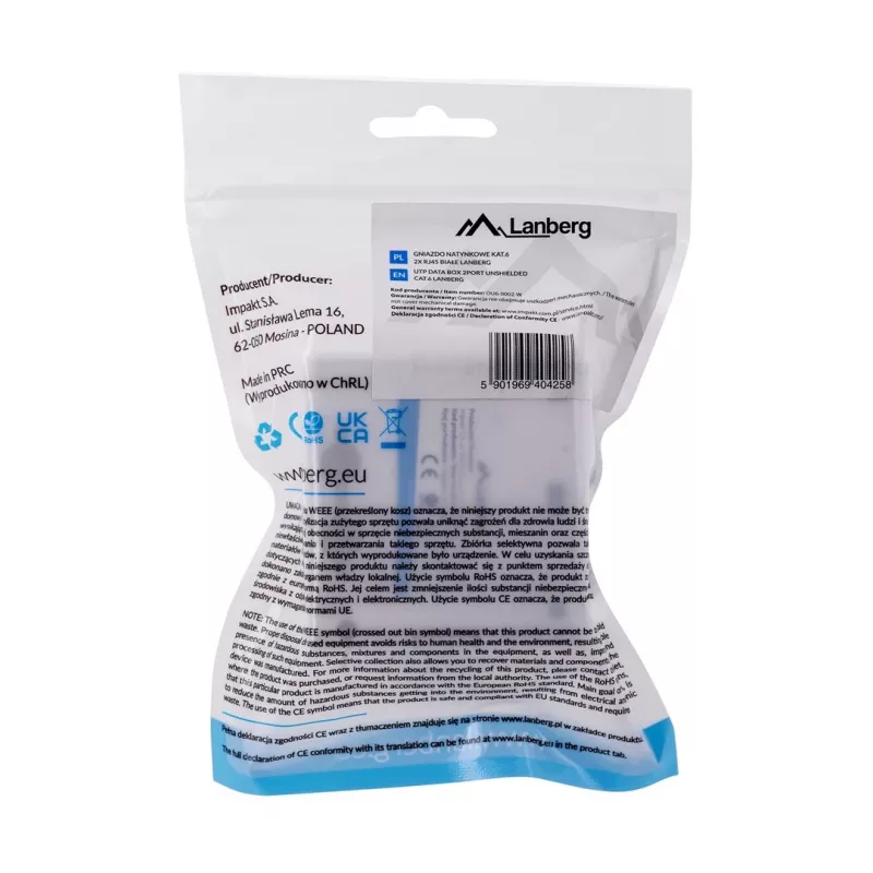 LANBERG Outlet Box RJ-45 Cat6 OU6-0002-W white, 2 sockets, 30×54×57 mm