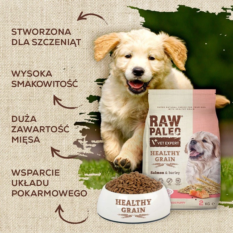 Dry dog food VETEXPERT Raw Paleo Healthy Grain Puppy Salmon and Barley 10 kg, protein 29% fat 17% moisture 9%