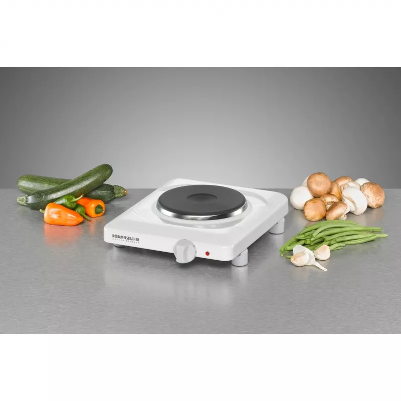Rommelsbacher THL 1097 Single Cast Iron Tabletop Hot Plate – 1000 W, White Enamelled Steel, Stepless Temperature Control