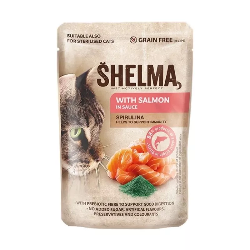 Wet cat food SHELMA with salmon and cod in sauce, 4 x 85 g pouches, 81% moisture, 10% protein