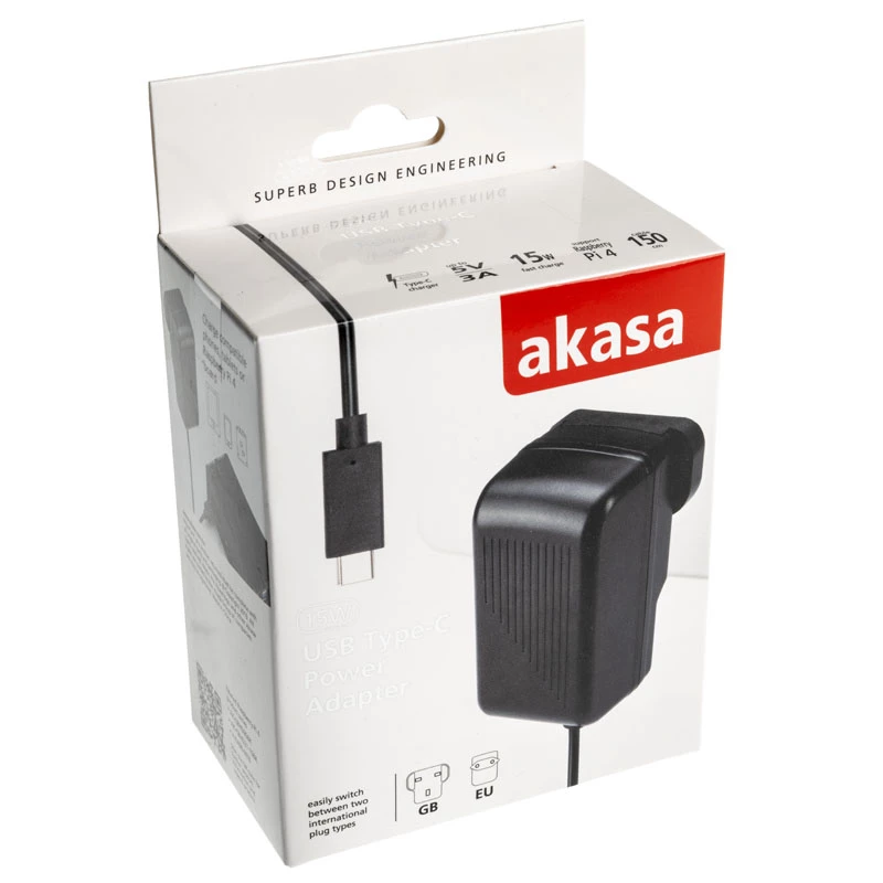 Indoor AC Fast Charger Akasa AK-PK15-02CM — 15W, USB-C 3A, 1.5 m cable, Black