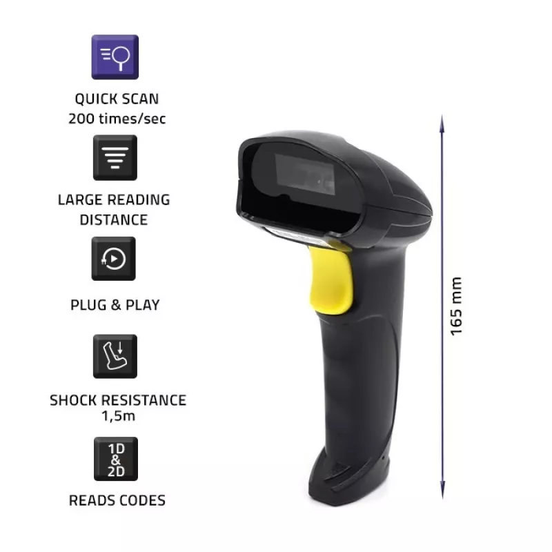 Handheld 1D/2D wired barcode scanner QOLTEC 50853 — USB, ABS housing, 1.65 m cable, 97×65×167 mm, 105 g