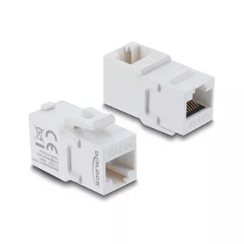 Keystone coupler DELOCK RJ45 jack-to-jack Cat.6A 90° angled UTP white, flat 16.9×33.1×19.9 mm
