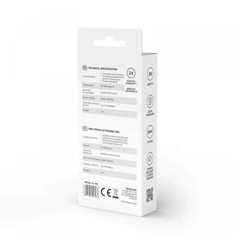 Savio CL-160 USB cable 2 m USB 2.0 USB C - USB C Black